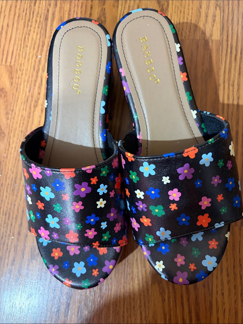 BAMBOO Black Floral Slide Mules with Multicolor Flowers